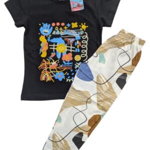 Unisex Black Printed  Full Pant & T-Shirt Set for 7–8 Years – Comfortable & Stylish Outfit
