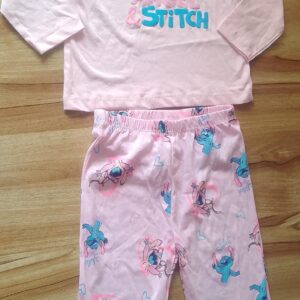 Disney Stitch Girls Baby Pink Cotton Full-Sleeve T-Shirt & Cuffed Pant Set for 1.5–8 Years – Soft & Cute Outfit