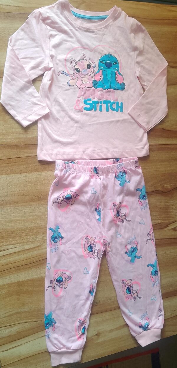 Disney Stitch Girls Baby Pink Cotton Full-Sleeve T-Shirt & Cuffed Pant Set for 1.5–8 Years – Soft & Cute Outfit