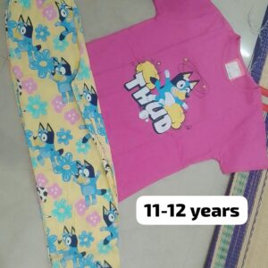 Girls Pink Cotton Half-Sleeve T-Shirt with Full Pants Set for 11–12 Years – Casual Clothing Set