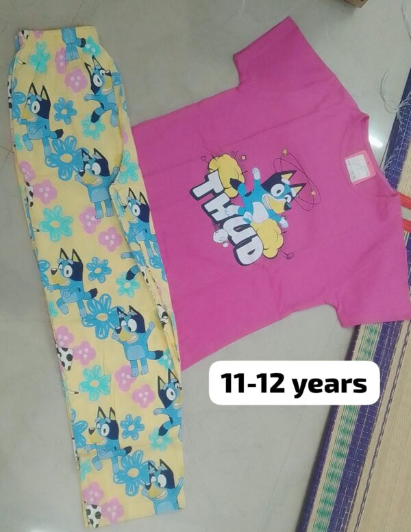 Girls Pink Cotton Half-Sleeve T-Shirt with Full Pants Set for 11–12 Years – Casual Clothing Set